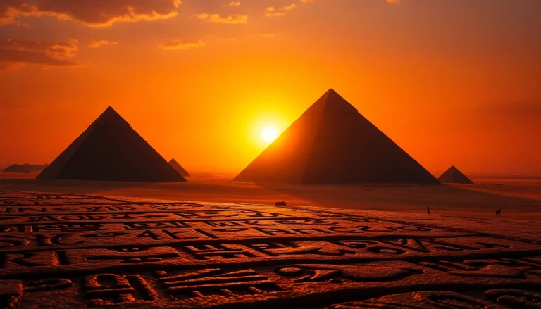 Discover the majestic piraminds under a stunning golden sunset, showcasing ancient architecture.
