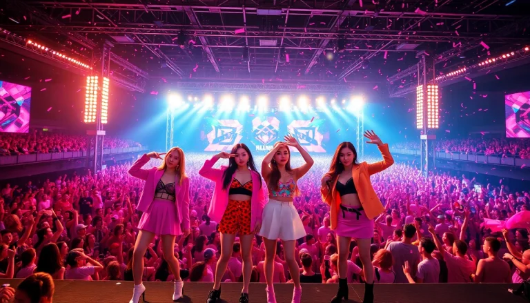Exciting scene showcasing BLACKPINK performing with vibrant atmosphere and colorful outfits highlighting Blackpink news.
