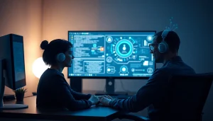 Interactive discussion on nsfw ai technology with a digital character in a modern workspace.