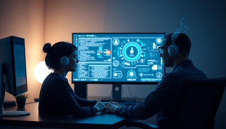 Interactive discussion on nsfw ai technology with a digital character in a modern workspace.