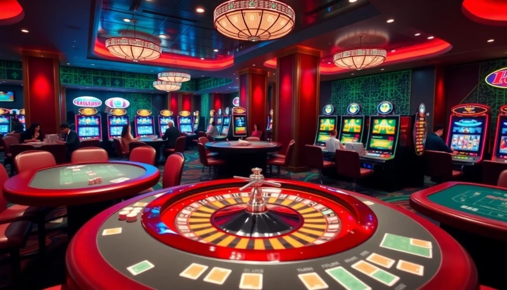 Cảnh casino sống động tại https://luck8.com với các bàn chơi sôi động, bánh xe roulette và máy đánh bạc.