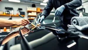 Applying ceramic coating Chattanooga to a polished black car in a bright workshop setting.