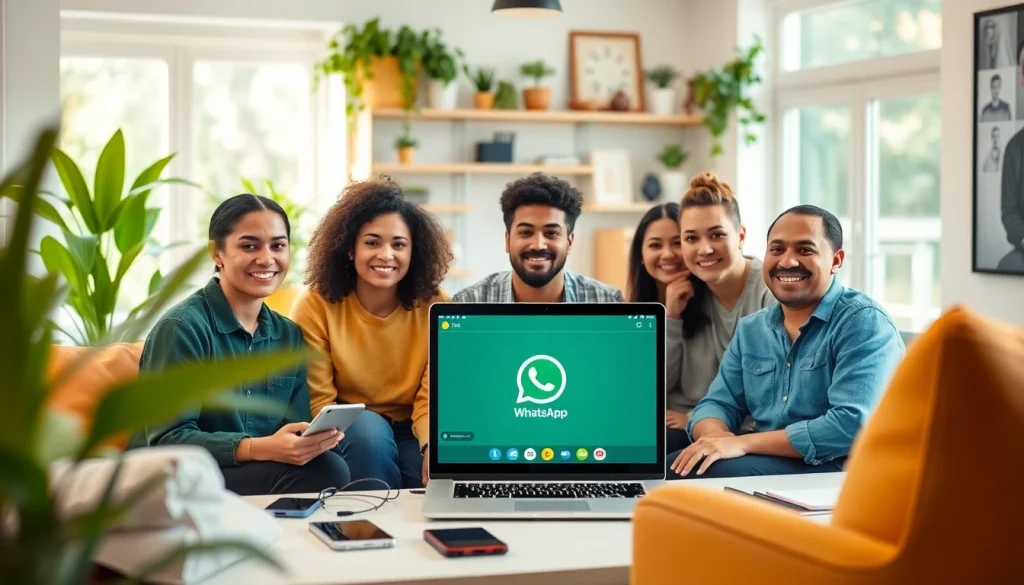 一群朋友在现代家庭办公室使用 WhatsApp网页版进行视频通话。