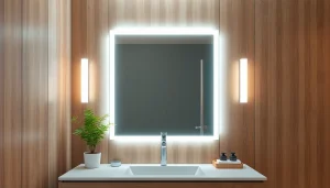 Stylish bathroom mirror with led light reflecting a modern, cozy bathroom setting.