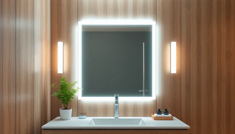 Stylish bathroom mirror with led light reflecting a modern, cozy bathroom setting.