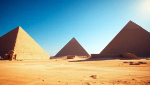 Witness the majestic piraminds of Giza against a breathtaking backdrop, showcasing their grandeur.