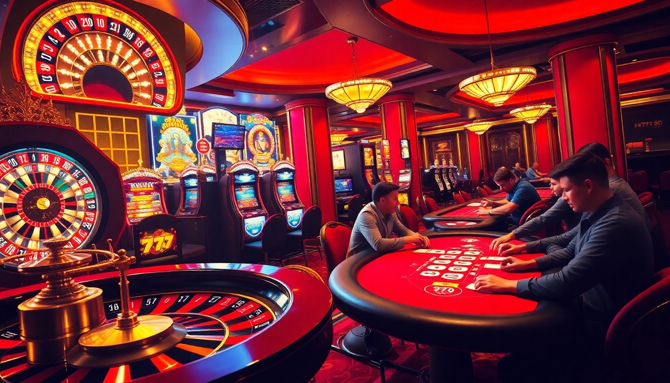 Players enjoying high-stakes poker as they dream of seven 77 wins at a luxurious casino.