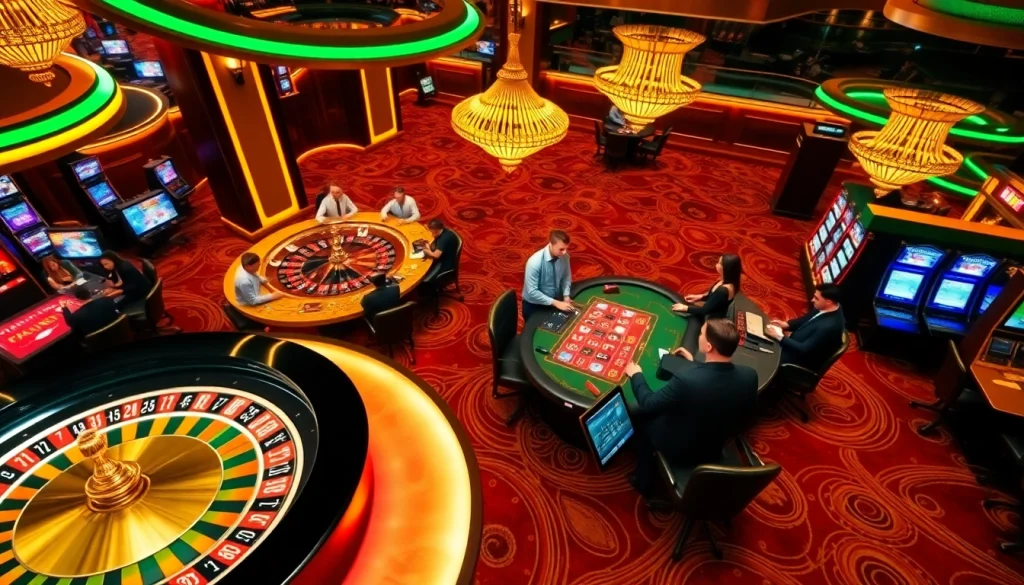 RR88 casino scene with players enjoying roulette and poker in a luxurious environment.
