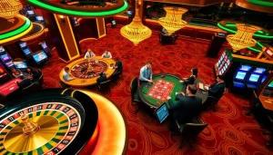 RR88 casino scene with players enjoying roulette and poker in a luxurious environment.