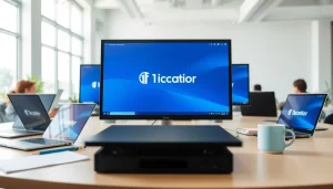 Team collaborating around the 1cplatform interface on modern devices in a bright office.