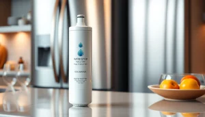 Waterdrop 5231JA2002A Refrigerator Water Filter displayed on a kitchen countertop, emphasizing its modern design.