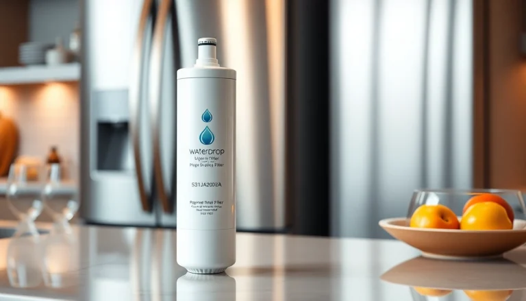 Waterdrop 5231JA2002A Refrigerator Water Filter displayed on a kitchen countertop, emphasizing its modern design.