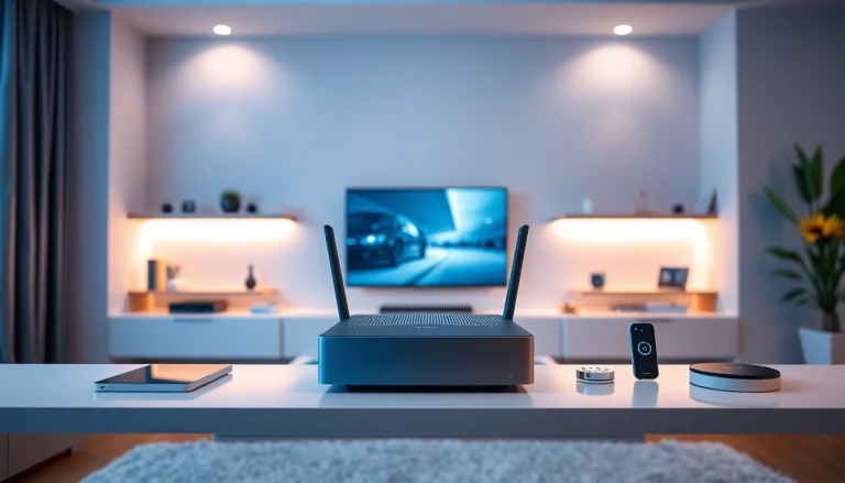 AX88 Code được thể hiện trong một thiết lập mạng gia đình hiện đại với các thiết bị thông minh và thiết kế router tinh tế.