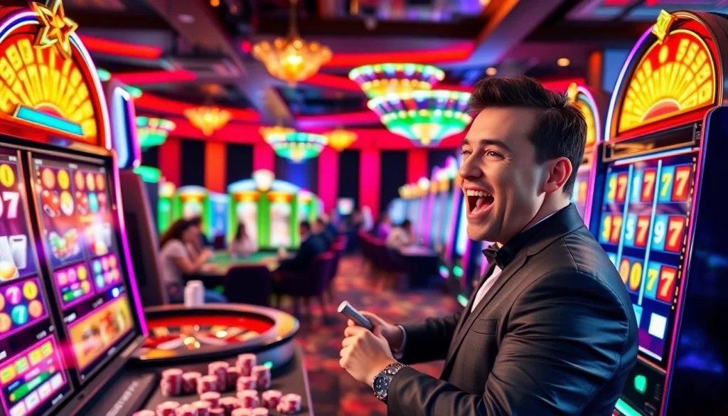 Penjudi bersemangat menang di mesin slot situs di kasino yang ramai.