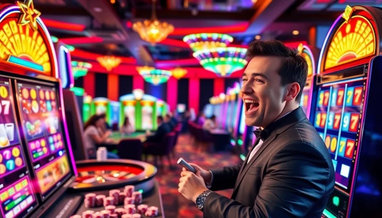 Penjudi bersemangat menang di mesin slot situs di kasino yang ramai.