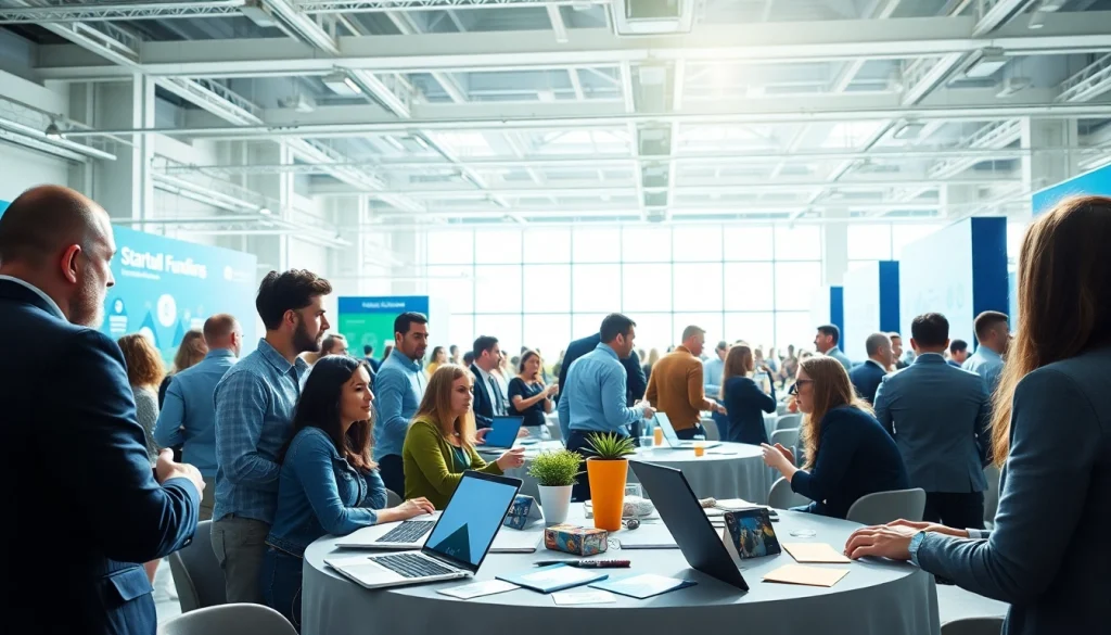 Engage in a dynamic venture capital and startup conference with entrepreneurs discussing funding strategies.