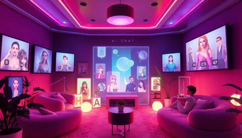Engaging NSFW AI chat scene with colorful avatars, glowing screens, and playful tokens.