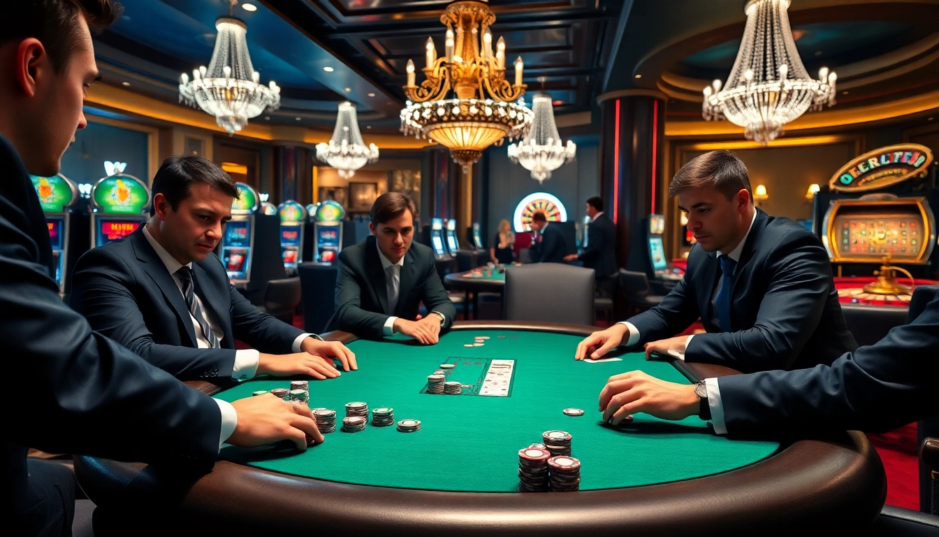 Players enjoying a high-stakes poker game at thabet college, showcasing vibrant chips and a glamorous casino setting.