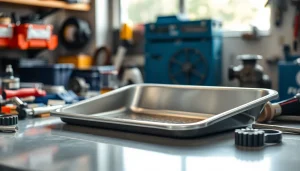 Oil Drain Pan on a workshop bench, showcasing its sleek design and quality for maintenance tasks.