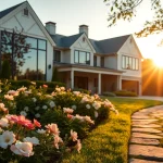 Showcase of Massachusetts residential architecture with a modern home amidst a tranquil garden.