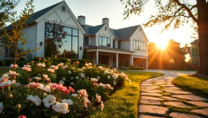 Showcase of Massachusetts residential architecture with a modern home amidst a tranquil garden.