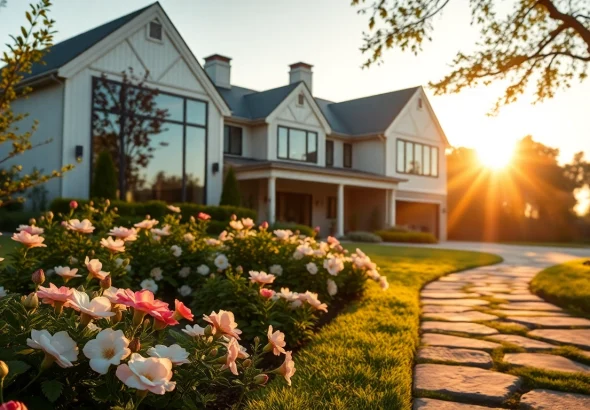 Showcase of Massachusetts residential architecture with a modern home amidst a tranquil garden.