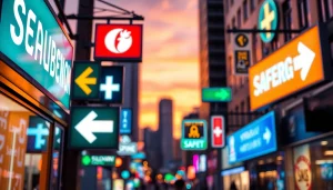Showcase of vibrant electrical signs lighting up an urban backdrop at sunset.