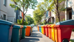 Efficient residential bin rental service with vibrant bins arranged in an urban setting.