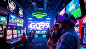 Exciting GO99 Games online casino environment featuring vibrant slot machines and sports betting screens.