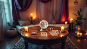 クリスタルボールとタロットカードを用いた電話占いの設定の魅力的なシーン、電話占い当たるを示しています。