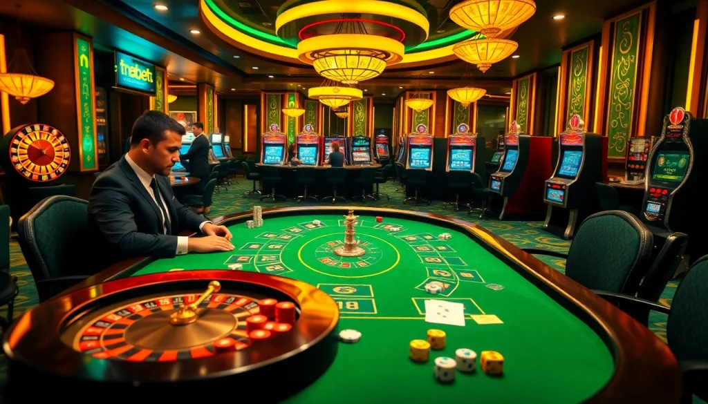 Engaging gambling scene at Thabet College with poker tables, roulette wheels, and slot machines.