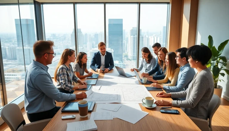Engaged professionals in a construction network association discussing plans in a collaborative setting.