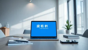 High-tech workspace featuring the 有道翻译 app on a laptop, symbolizing modern translation solutions.