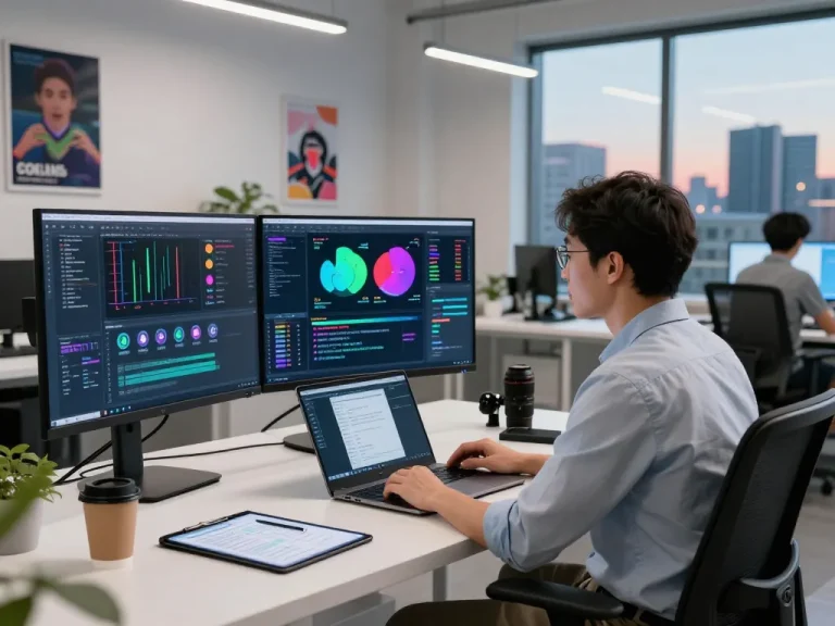 Data scientist analyzing video content with AI in a modern workspace, showcasing video to prompt ai technology.