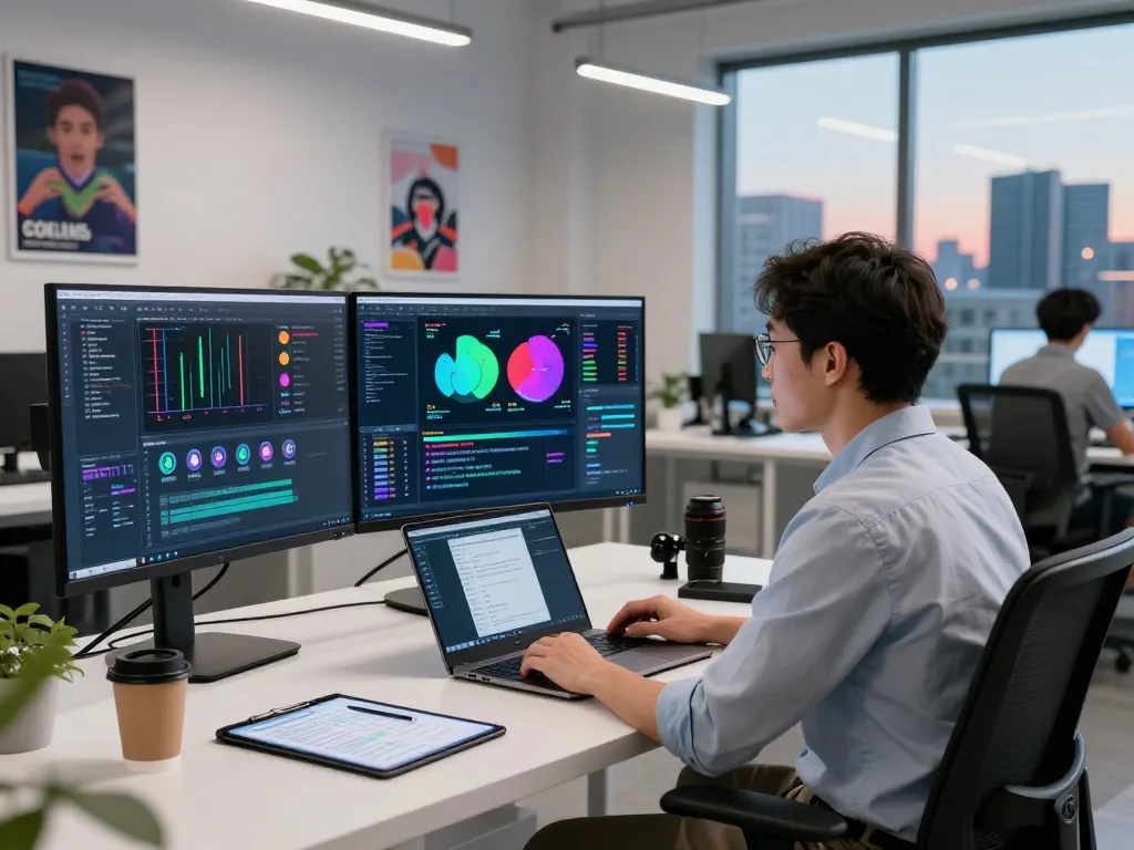 Data scientist analyzing video content with AI in a modern workspace, showcasing video to prompt ai technology.
