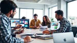 Designing a stunning website in 7 days essex with a collaborative team in a modern office.