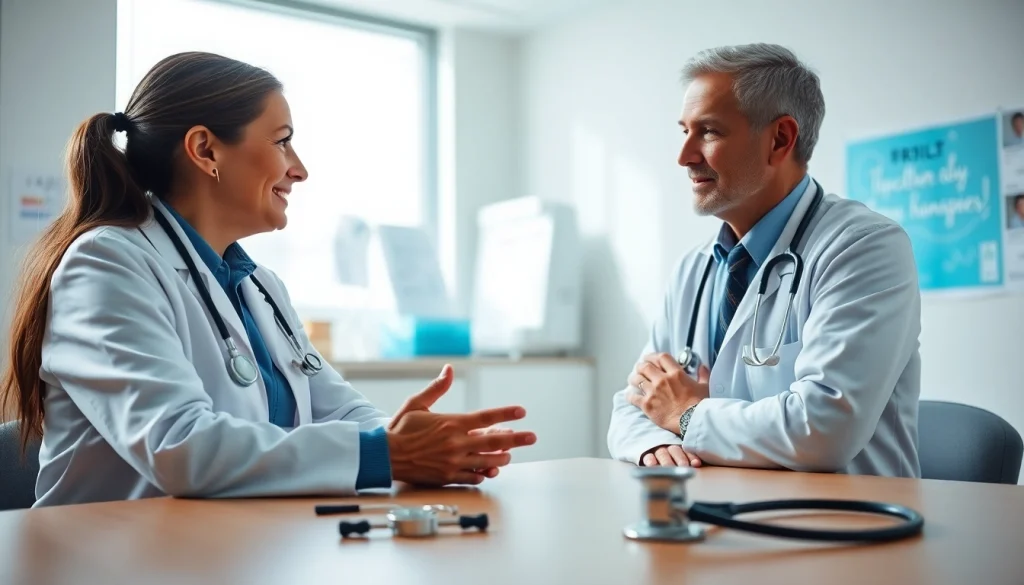 Engaging consultation about YourGP with a healthcare professional in an inviting setting.