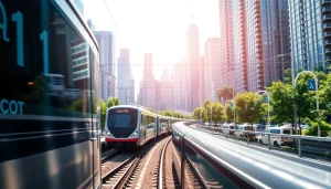 Innovative rail systems company trains navigating a vibrant urban landscape, showcasing modern transportation.