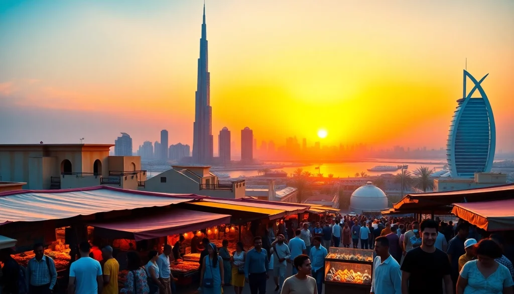 Vibrant scene embodying the Dubai City Guide with landmarks and cultural diversity.