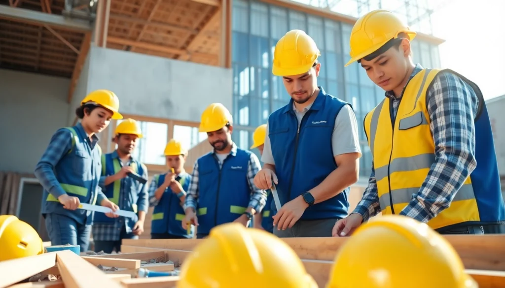 Engaged construction apprenticeship participants collaborating on-site to build skills.