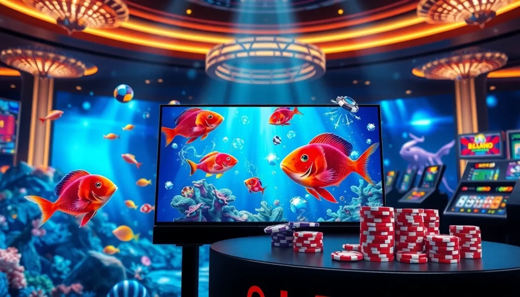 Bắn cá đổi thưởng excitement depicted in a vibrant casino scene with colorful underwater elements.