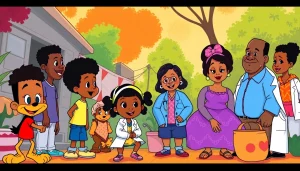 A lively scene featuring African American cartoons like Huey and Riley from "The Boondocks," showcasing vibrant characters and joyful community interactions.