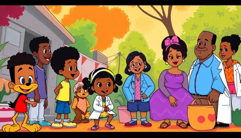 A lively scene featuring African American cartoons like Huey and Riley from "The Boondocks," showcasing vibrant characters and joyful community interactions.