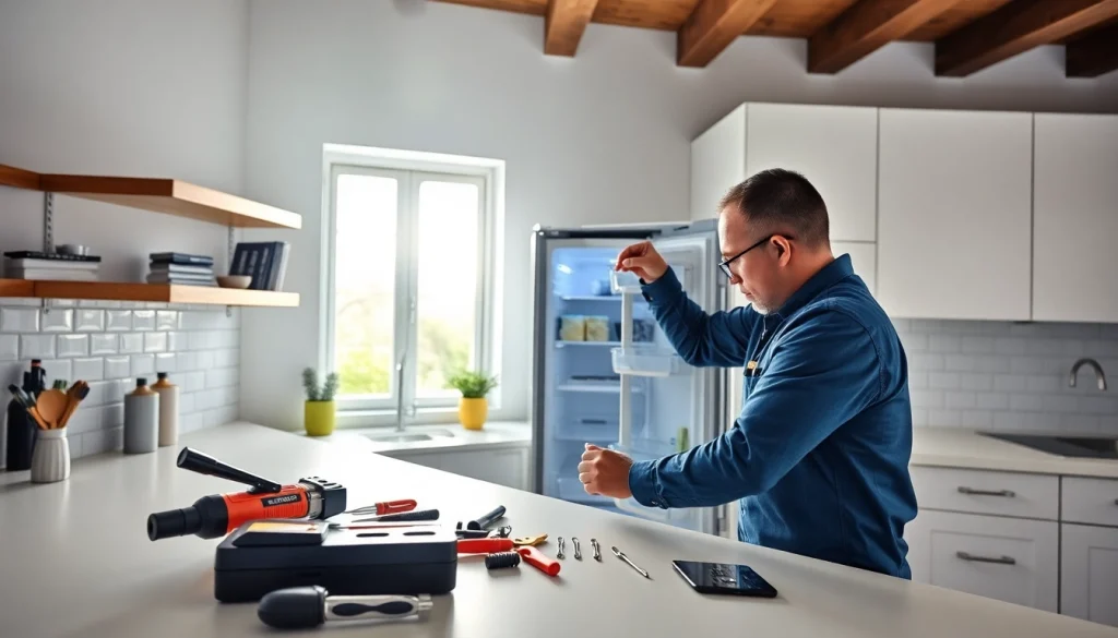 Appliance repair near me technician efficiently fixing a refrigerator in a bright kitchen.