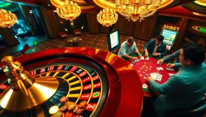 Experience the excitement of SHBET with vibrant casino elements showcasing roulette, poker, and slot machines.