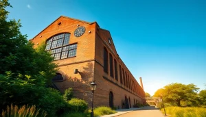 Discover the Old Knows Factory's historic architecture set against a lush background.