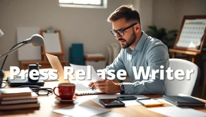 Creating a press release in professional setting showcasing the best press release website.