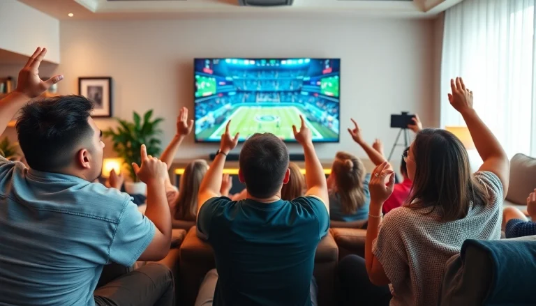 Cheerful fans enjoying a sports game at home, celebrating 토토스토리’s dynamic viewing experience.