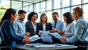 Consultants discussing Federal and State contracts pre-post award compliance in a bright office.