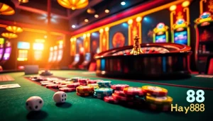 Experience excitement with Hay88 at a vibrant casino table showcasing cards and chips.